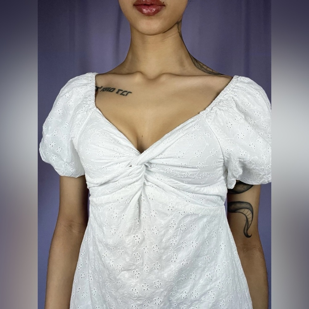 Rare Editions White Eyelet Babydoll Short Puff Sleeve Mini Dress Size XS Fairy